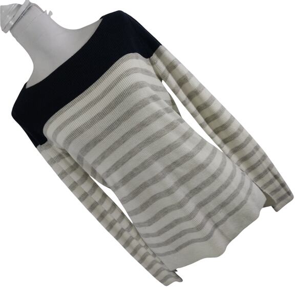 ANN TAYLOR LOFT! RICH BLACK, GRAY & WHITE STRIPED TUNIC STYLE SWEATER! SZ S - Picture 8 of 8